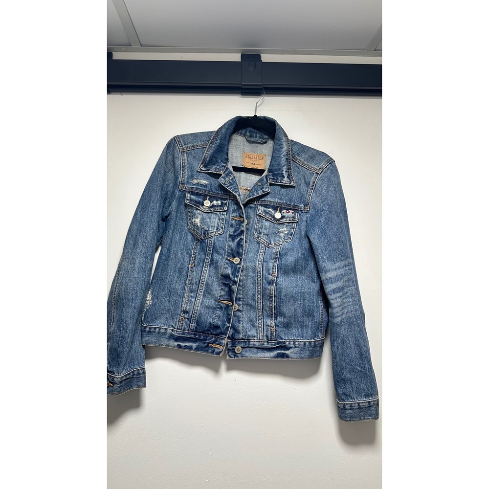 Hollister Womens Medium Wash Distressed Denim Y2K Jacket Size M Cotton